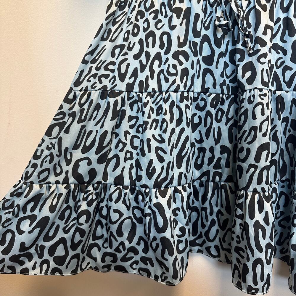 Rebecca Minkoff Aston‎ Puff-Sleeve Tiered Blouson Mini Dress Blue Leopard Large - Picture 9 of 11